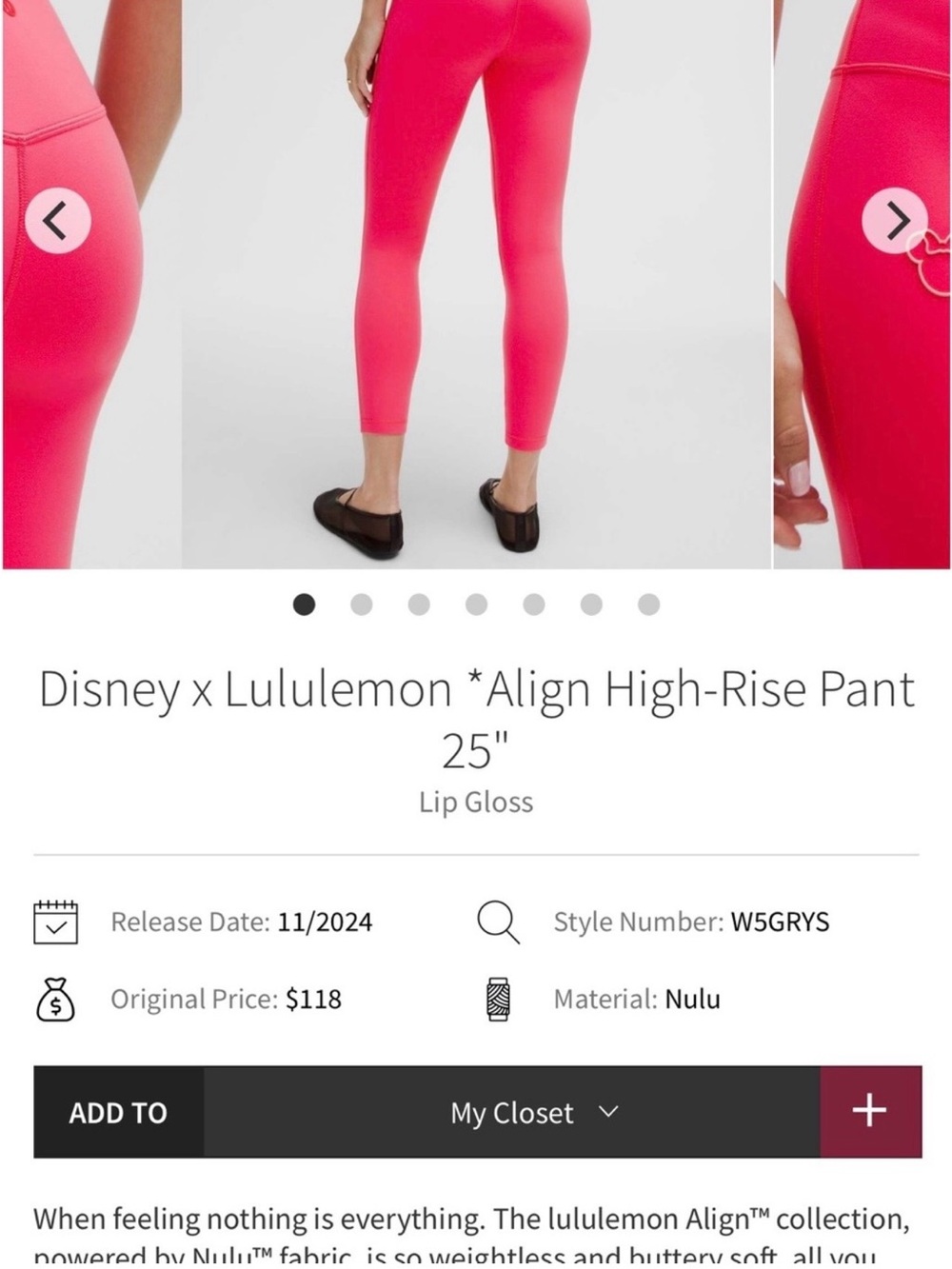 Disney x Lululemon Align High-Rise Pant 25" Lip Gloss Pink
- Size 8 leggings